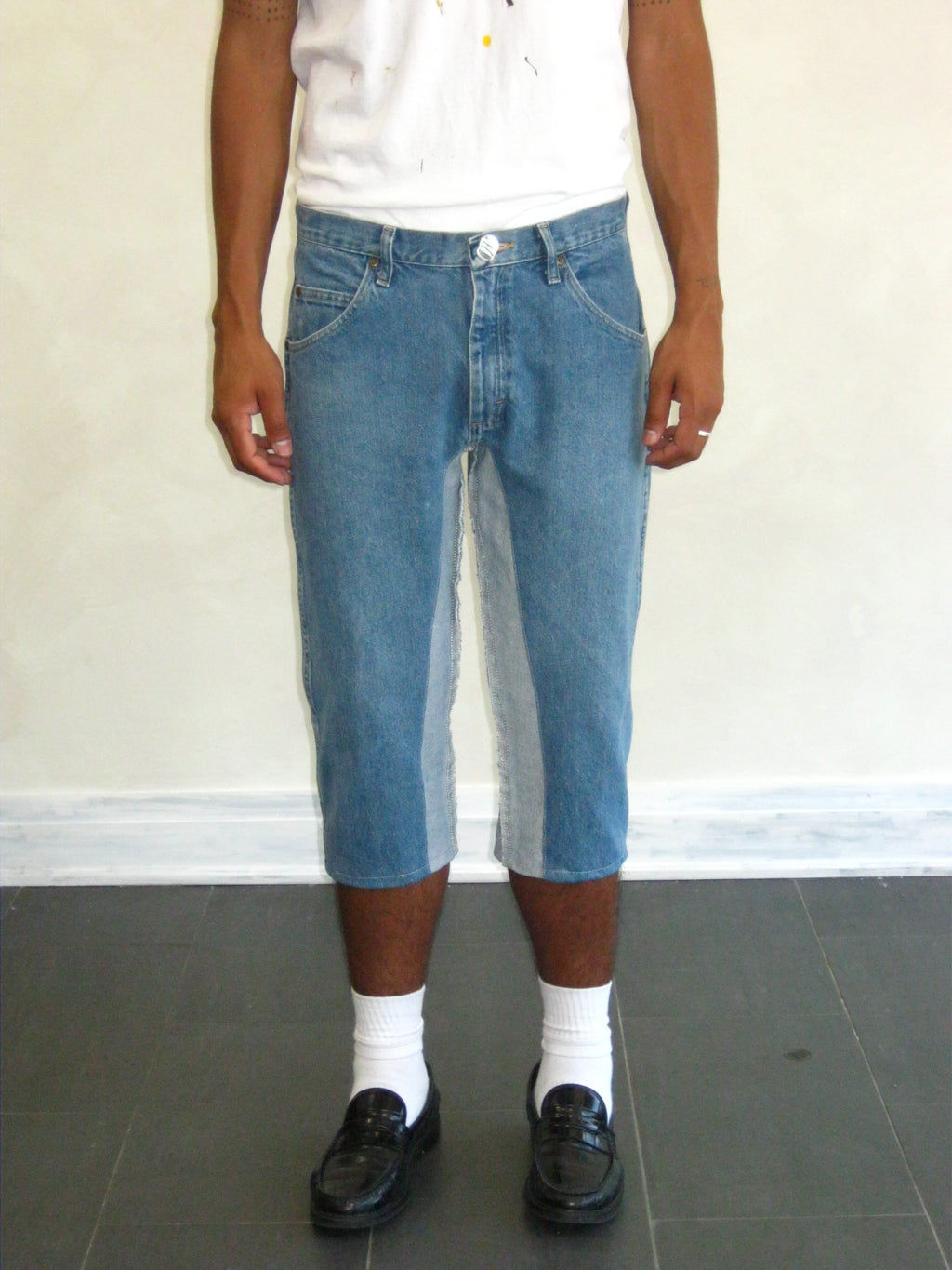 Jean en jean délavé, coupe 3/4, style workwear, de marque Lee, vintage